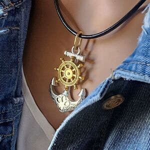 Gold Slver Anchor Black Leather Boho Large "Antique Gold" Index Necklace